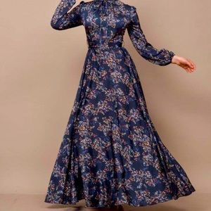 Satin floral Long sleeves  maxi dress abaya.Muslim